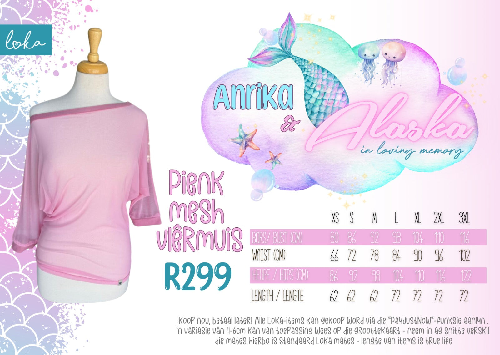 Ladies Pink Mesh Vlermuis Top In Loving Memory of Alaska